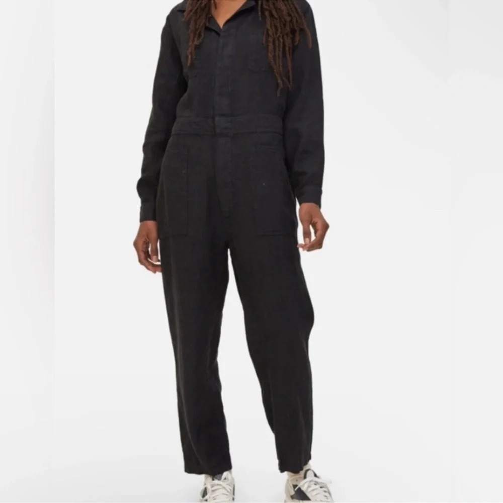 Mate the Label Linen Long Sleeve Jumpsuit Jet Black Small NWT Coastal Minimalist